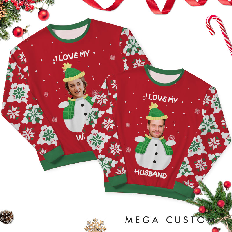 Personalized I Love My Wife Husband Snowman Christmas Ugly Sweater Couple Xmas Ugly Sweater for Husband Wife Boyfriend Girlfriend