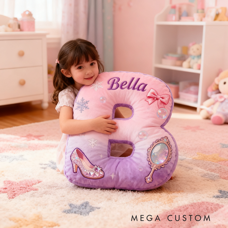 Personalized Colorful 26Letters Magic Mirror and Crystal Shoe Cute Graphic 3D Print Pillow Cute Magic Beautiful Letter Custom Pillow Gift for Kids