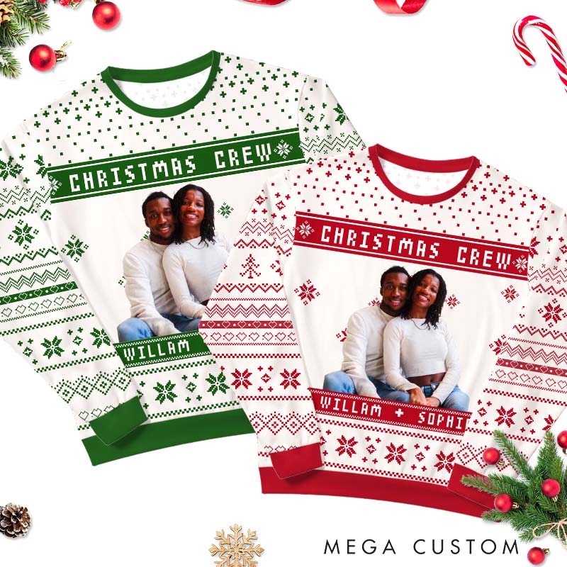 Personalized  Couple Christmas Crew Photo Ugly Sweater Couple Festive Sweater with Photo for Husband Wife Couple Anniversary Ugly Sweater