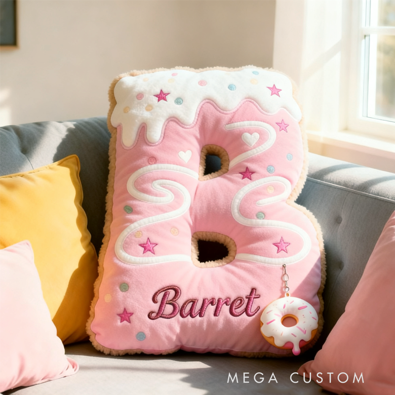 Personalized Cute Pink Donuts Initial Name Pillow Christmas Gift for Kids