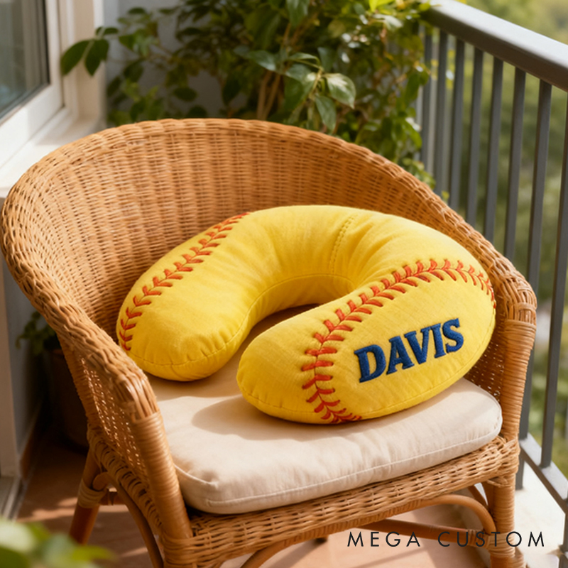 Personalized Softball U-Shaped Pillow with Custom Name for Sports Fans and Travelers