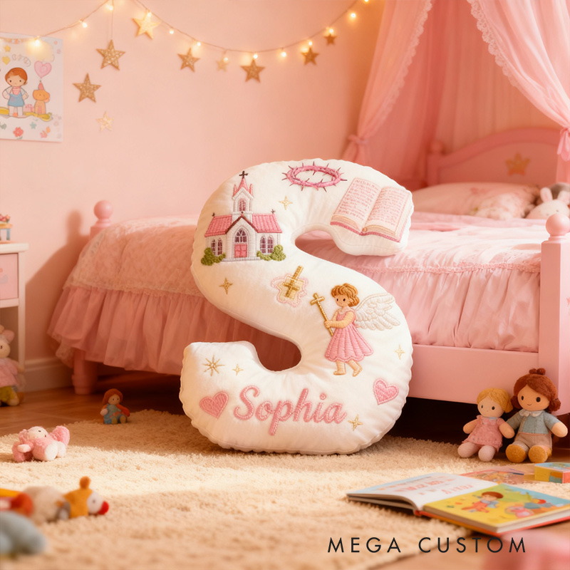 Personalized Little Angel Letter Pillow with Custom Name Kid Room Decor Church Cross Angel Bible Religious Faith Gift for Her Graphic 3D Print Pillow