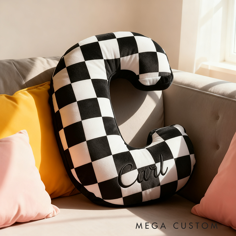 Personalized Racing Letter Throw Pillow Graphic 3D Print Custom Name Checkered Flag Cushion Gift for Racers and Racing Lovers
