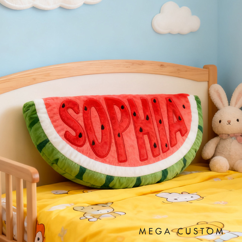 Personalized Watermelon Slice Shape Custom Name Soft Decorative Gift Fun Summer Fruit Style Cozy Kids Room Bright Graphic 3D Print Pillow