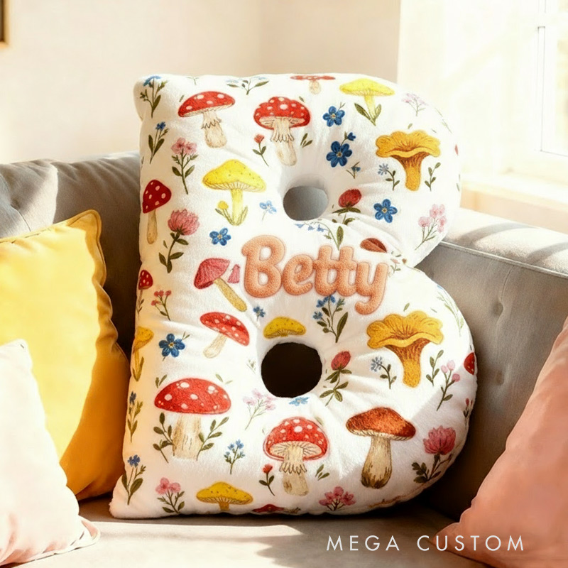 Personalized Cute Flower Letter Pillow Graphic 3D Print Whimsical Mushroom Flower Name Pillow for Kids Family Gardening Lover Gift