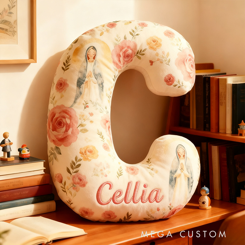 Personalized Virgin Mary Letter Pillow with Custom Name Home Decor Christian Thanksgiving Pillow Retro Fall Faith Gift for Family