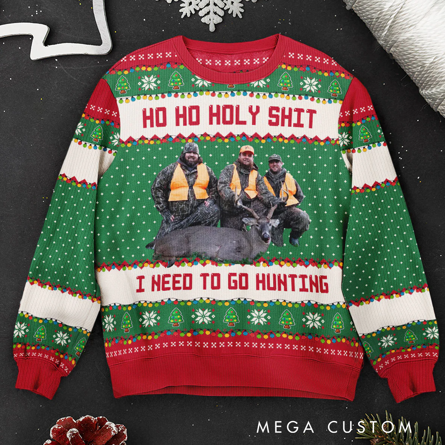 Personalized Ho Ho Holy Shit I Need to Go Hunting Fishing Camping Photo Ugly Sweater