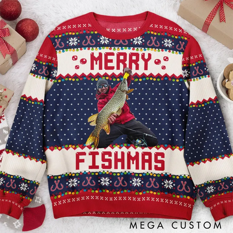 Personalized Merry Fishmas Sweater Ugly Christmas Sweater Custom Your Photo Fun Christmas Gift for Fishing Lovers Holiday Party