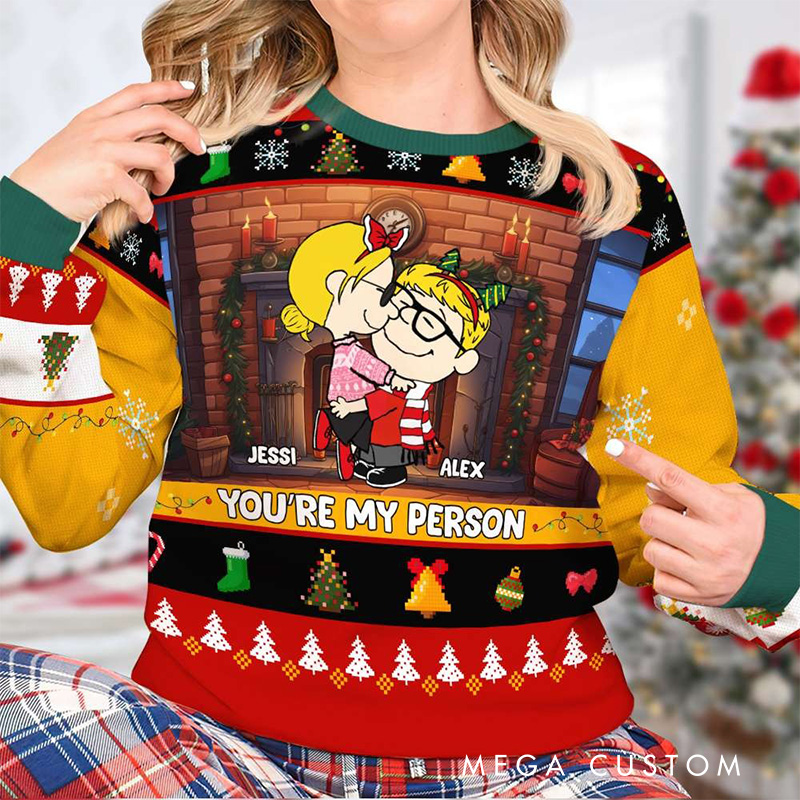 Personalized Cartoon Hugging Couple Anime Christmas Ugly Sweater Movie Lover Christmas Gift for Boyfriend Girlfriend Wife Husband