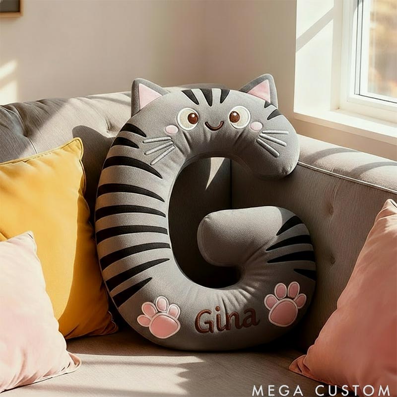 Personalized Cat Lover Letter Pillow with Custom Name Design Ver Gray Tabby Graphic 3D Print