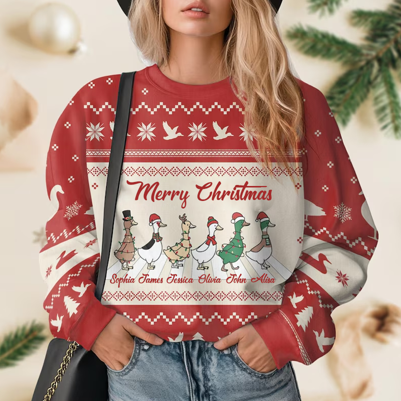Personalized Name Ugly Sweater Duck Merry Christmas Ugly Sweater Funny Duck Christmas Shirt for Women Animal Xmas Sweater Funny Gift