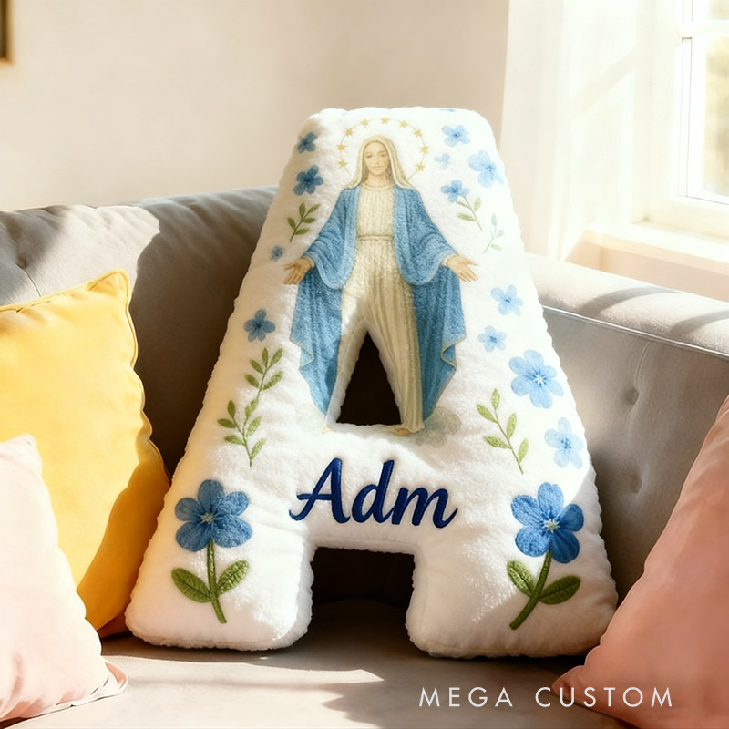 Personalized Catholic Virgin Mary Letter Pillow with Name Home Decor Our Lady Pillow Blue Floral Catholic Marian Pillow Christian Gift for Women