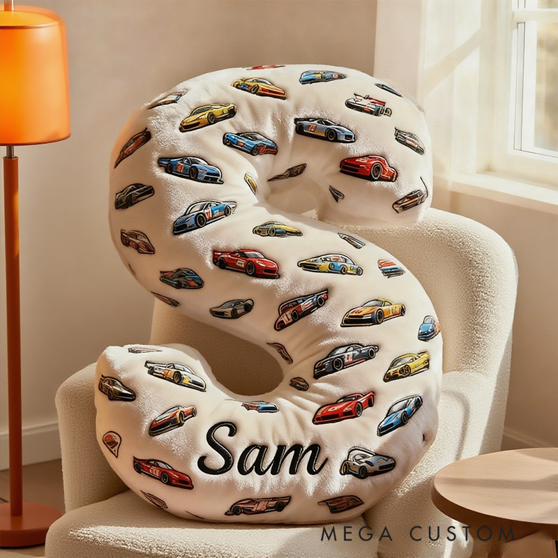 Personalized Racing Letter Pillow Custom Name and Alphabet Initial Shaped Cushion Graphic 3D Print Gift for Car Enthusiasts and Racing Lovers