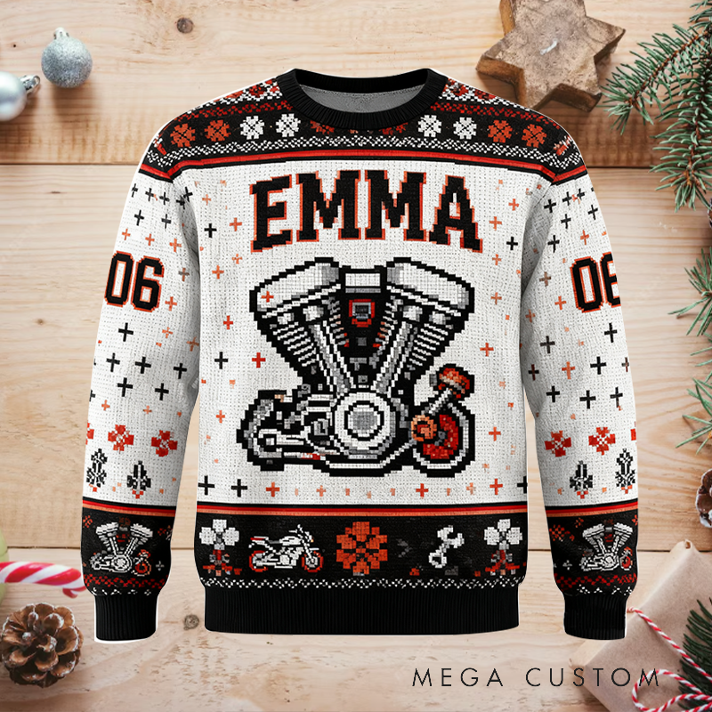 Personalized Motorcycle Themed Ugly Sweater Custom Name and Number Ugly Sweater Xmas Gift for  Motorcyclist