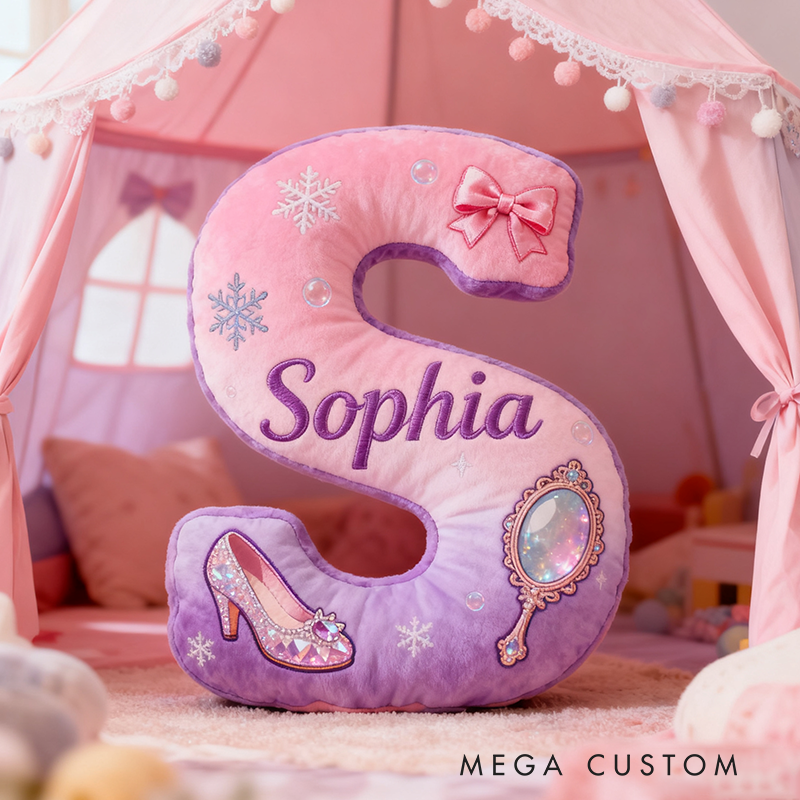 Personalized Colorful 26Letters Magic Mirror and Crystal Shoe Cute Graphic 3D Print Pillow Cute Magic Beautiful Letter Custom Pillow Gift for Kids