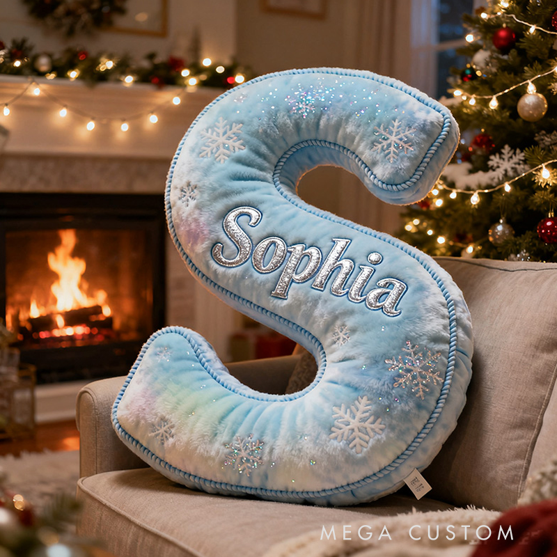 Personalized Blue Snowflakes Initial Graphic 3D Print Pillow with Name Christmas Gift for Kids