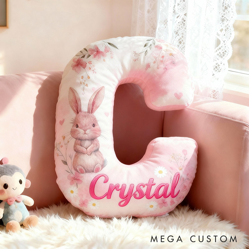Personalized Flower Girl Pink Floral Rabbit Heart 26 Letter Pillow Custom Couple Name Cushion Wedding Gift for Girl Christmas Gift for Girlfriend Wife