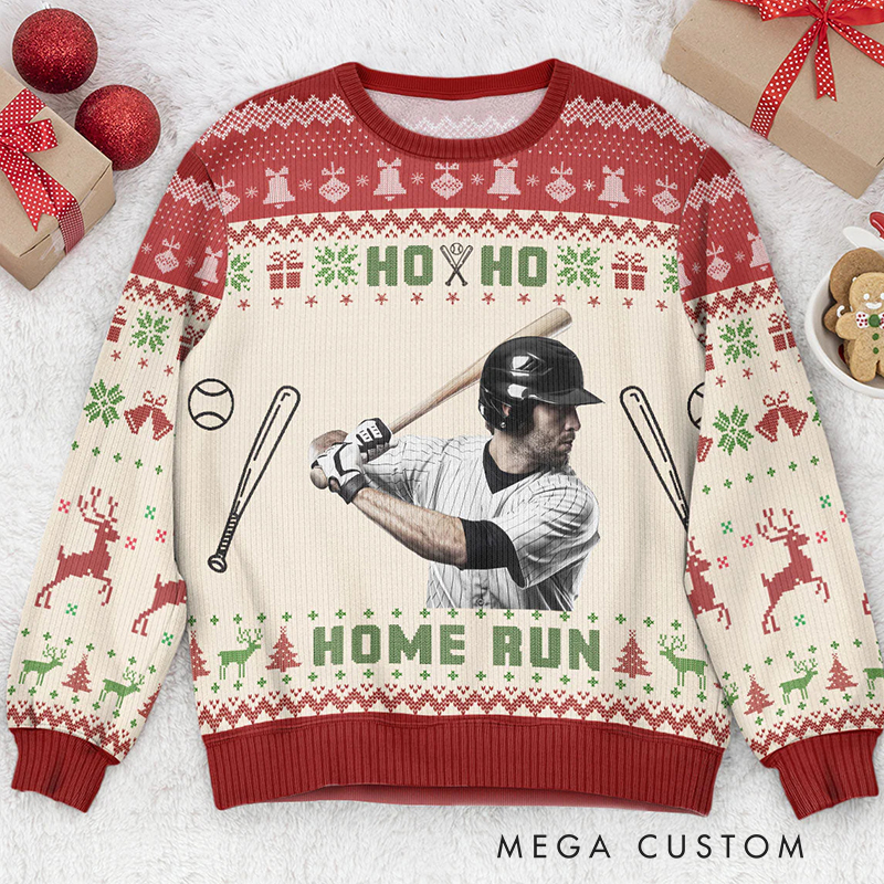 Personalized Baseball Ho Ho Home Run Ugly Sweatshirt with Custom Photo
