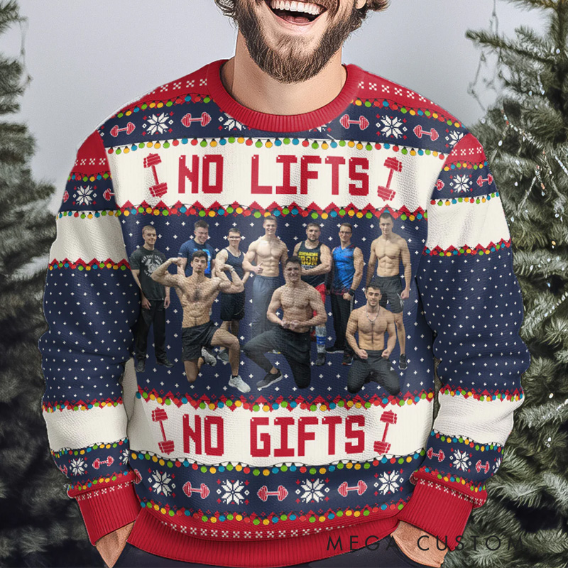 Personalized Photo Custom Merry Fitmas Ugly Christmas Sweater Funny No Lifts No Gifts Fitness Ugly Christmas Sweater Holiday Pullover for Fitness Gym Lovers Fitness Team