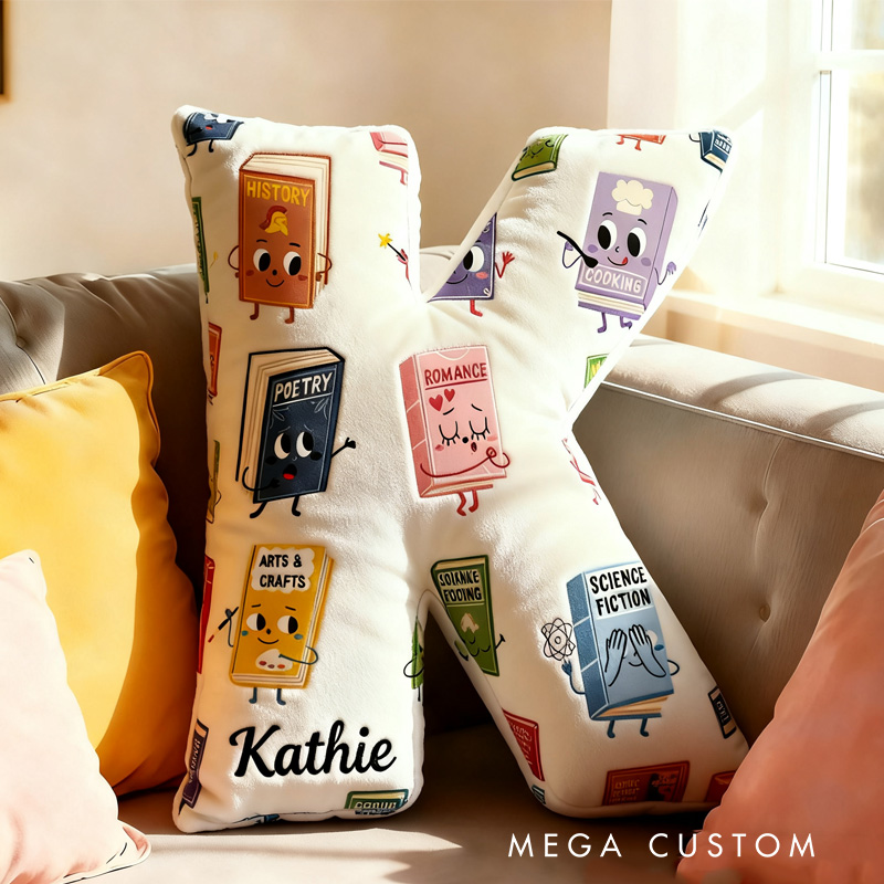 Personalized Book Genres Alphabet Throw Pillow Graphic 3D Cozy Bookish Pillow with Name for Kids Bookworm Librarian Christmas Throw Pillow Bookish Gift