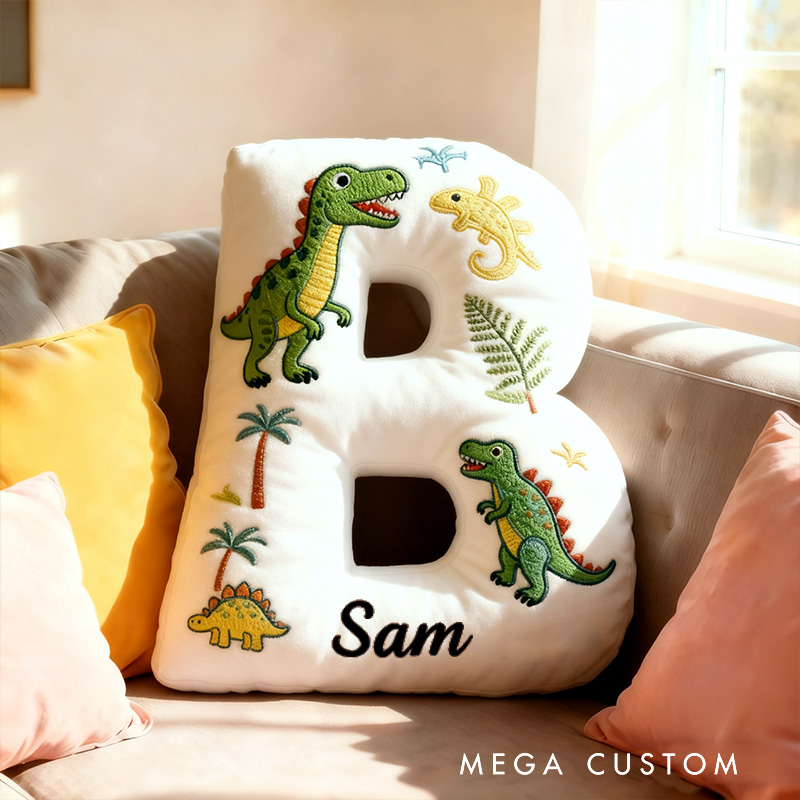 Personalized Dinosaur Letter Name Custom Kids Gift Fun Green T Rex Cute Prehistoric Soft Decorative Graphic 3D Print Pillow