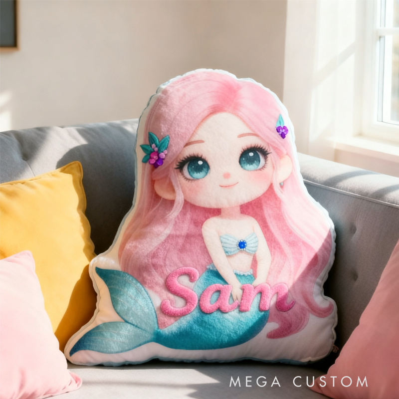 Personalized Cute 3D Cartoon Fantasy Mermaid with Name Pillow Christmas Gift for Kids Family