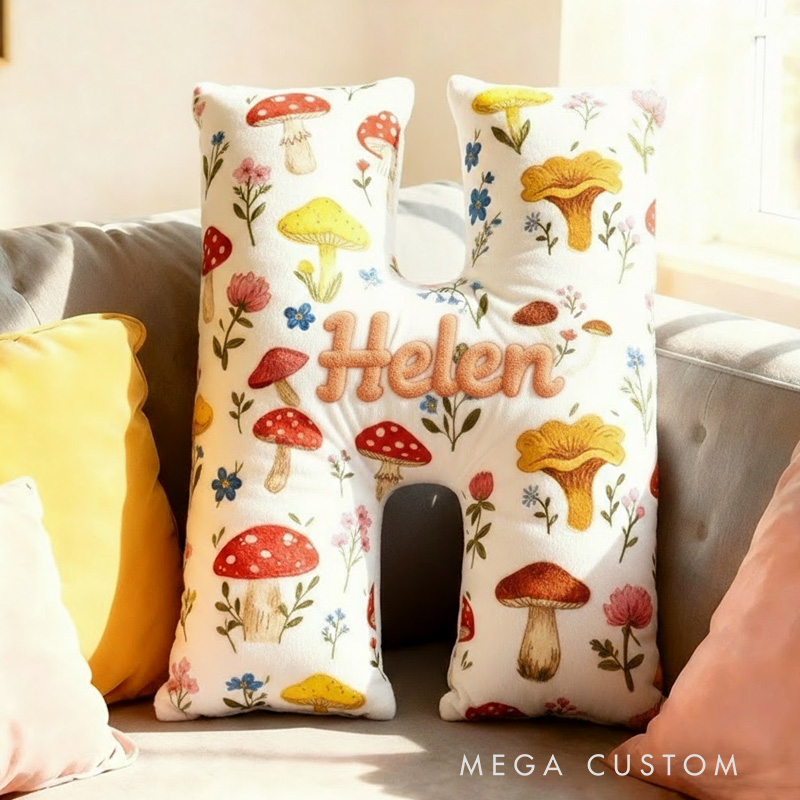 Personalized Cute Flower Letter Pillow Graphic 3D Print Whimsical Mushroom Flower Name Pillow for Kids Family Gardening Lover Gift
