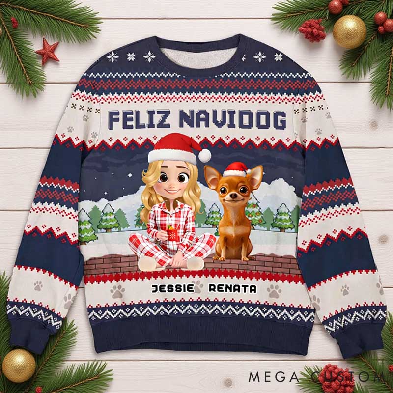 Personalized Dog Lover Feliz Navidog Christmas Ugly Sweater