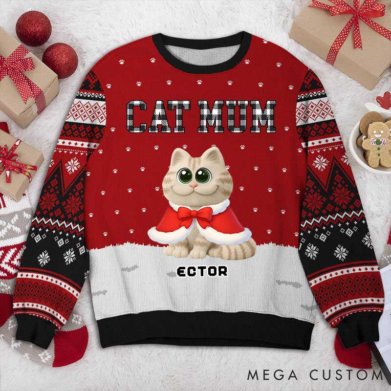 Personalized Cat Lover Cat Mom Pattern Christmas Ugly Sweater