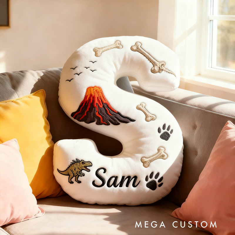 Personalized Volcano Letter Name Custom Kids Gift Dinosaur Bones Lava Adventure Fun Soft Decorative Graphic 3D Print Pillow