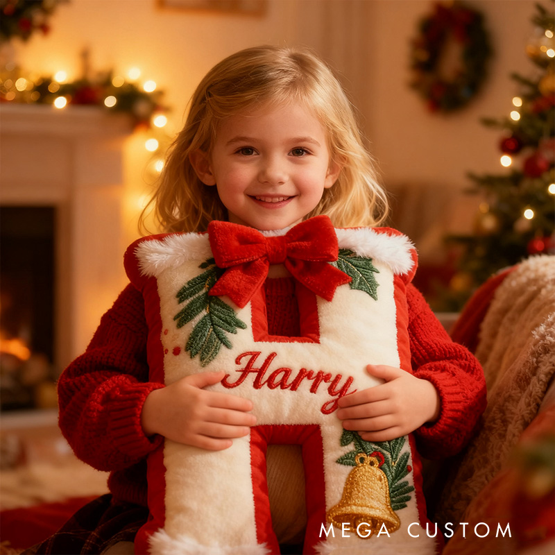 Personalized Christmas Letter Name Custom Kids Gift Festive Red Bow Holiday Cozy Decorative Graphic 3D Print Pillows