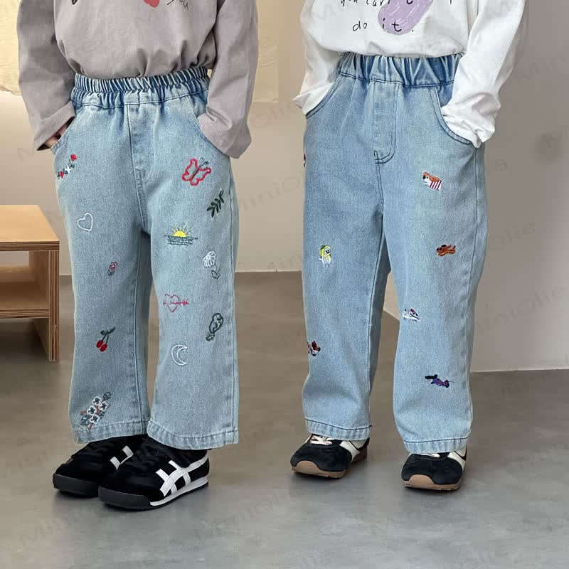 Baby Toddler Animal Plant Embroidered Denim Pants