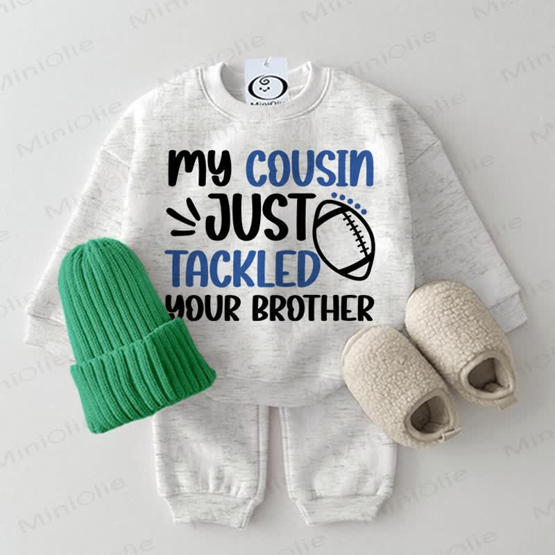 MY COUSIN JUST TACKLED YOUR BROTHER Baby Football 2-piece Light Grey Set