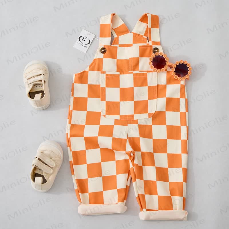 Baby Toddler Orange Checkerboard White Overalls