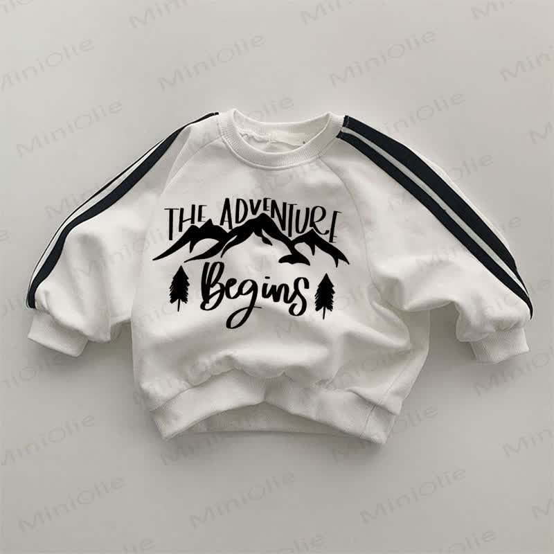 THE ADVENTURE BEGINS Baby Tree Mountain Striped Side White Sweatshirt