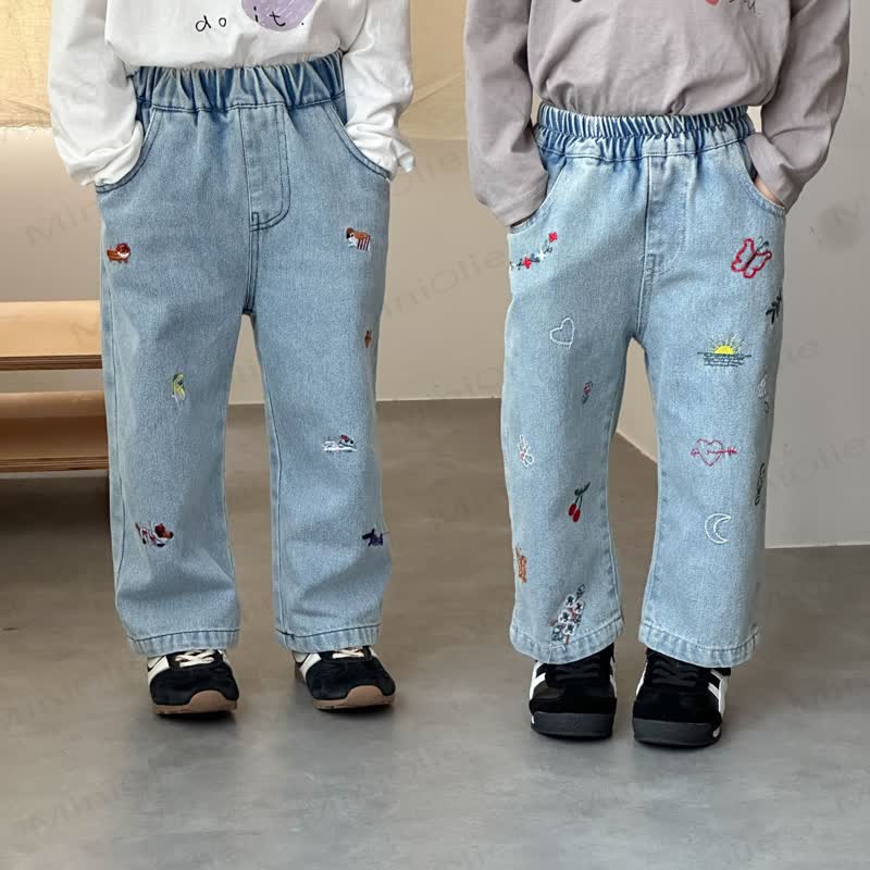 Baby Toddler Animal Plant Embroidered Denim Pants