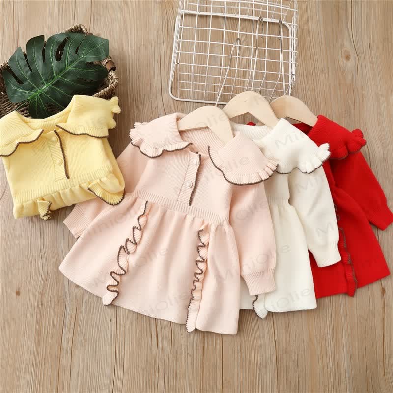 Toddler Lapel Knit Solid Color Dress