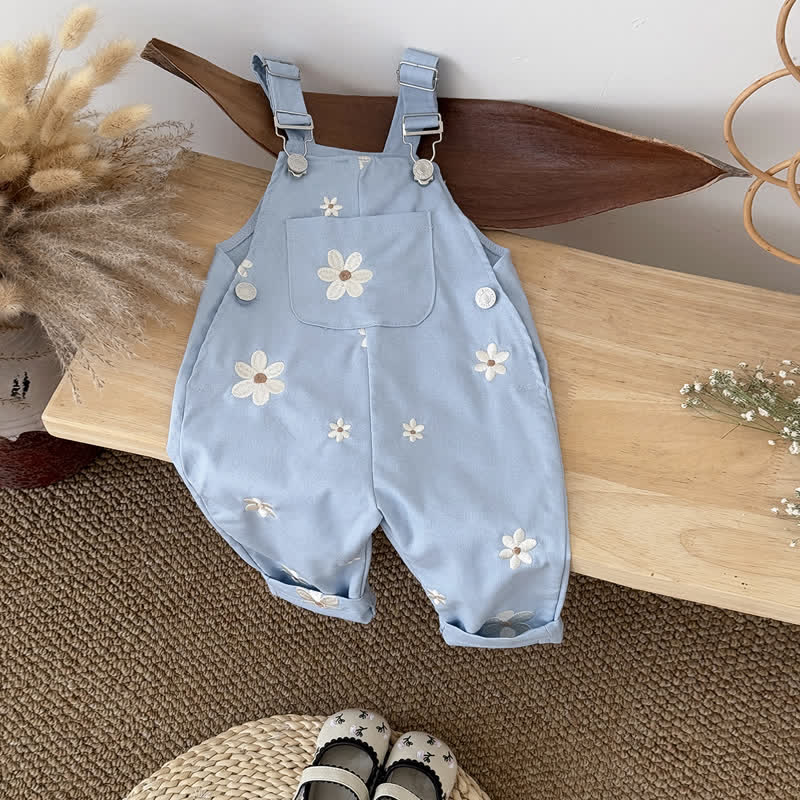 Baby Embroidered Flower Cute Blue Overalls