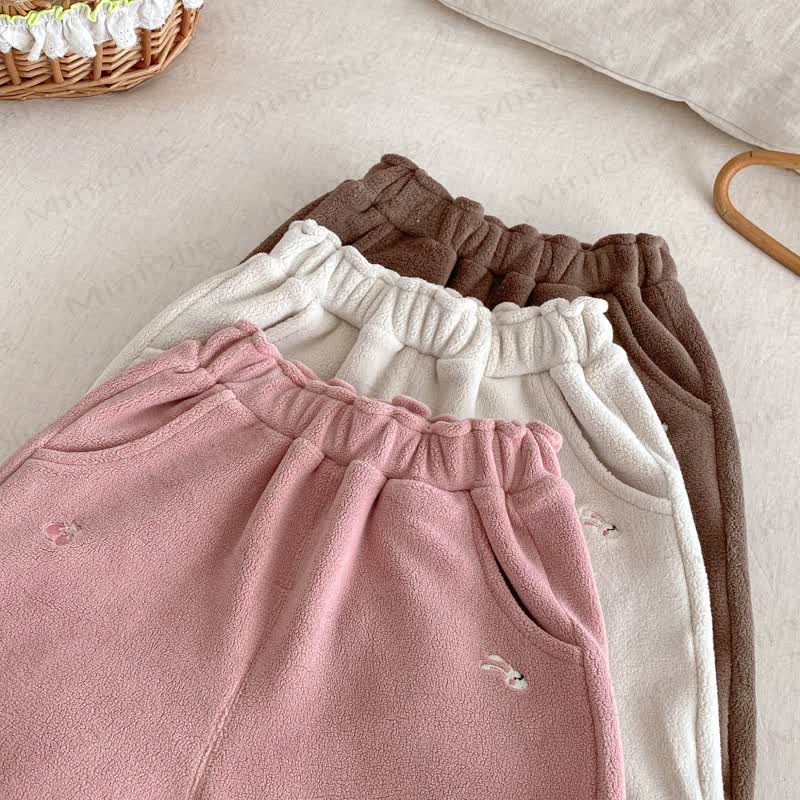 Baby Toddler Girl Embroidered Bow Rabbit Fleece Jogger Pants