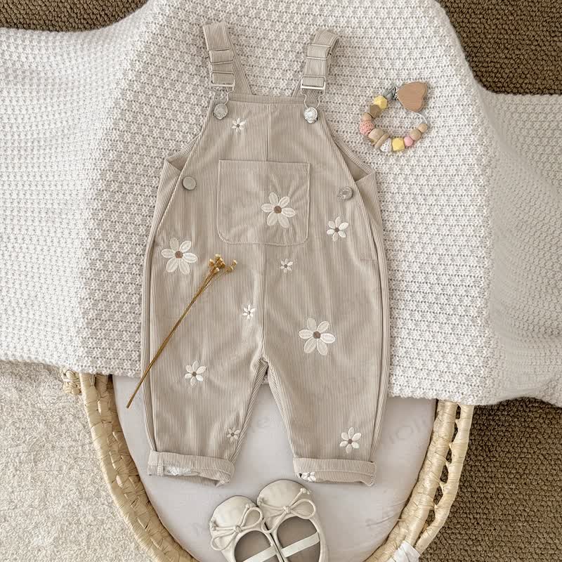 Baby Girl Cord Knitted Embroidered Flower Overalls