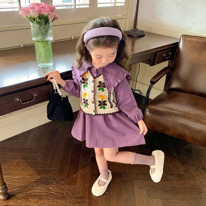 Toddler Girls Flower Ruffles Purple Cord Dress