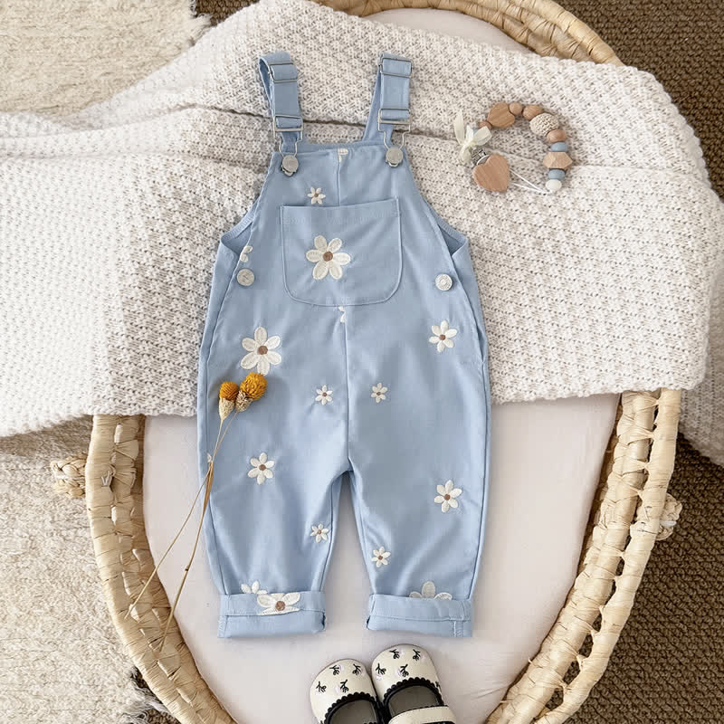 Baby Embroidered Flower Cute Blue Overalls