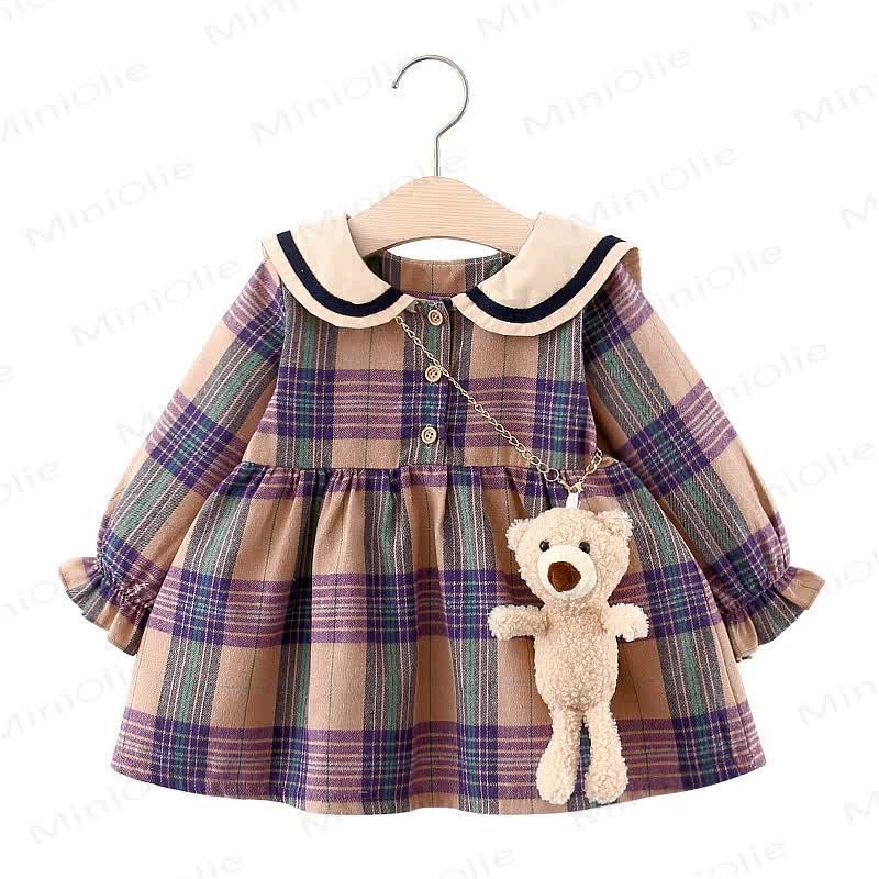 Baby Plaid Dress with Bear Doll