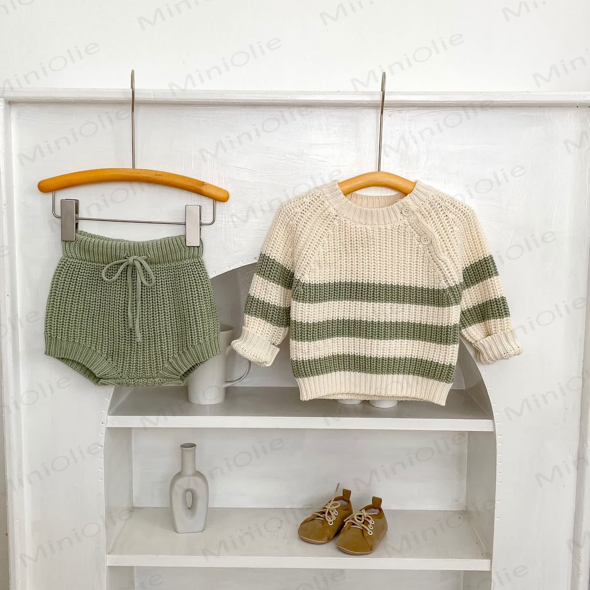 Baby Toddler Beige Green Knitted Stripe 2-piece Set