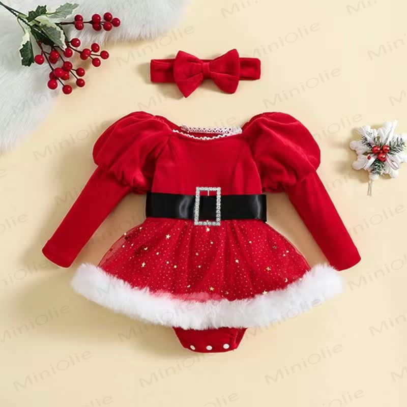 Baby Christmas Belt Skirted Bodysuit with Headband