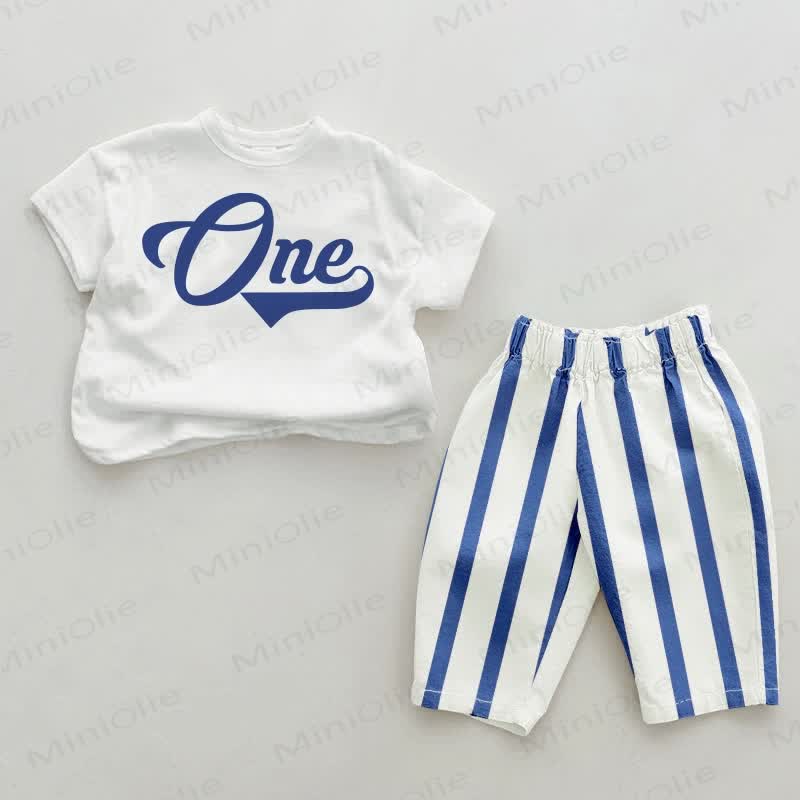 ONE Baby Letter Blue Vertical Striped 2-piece Set