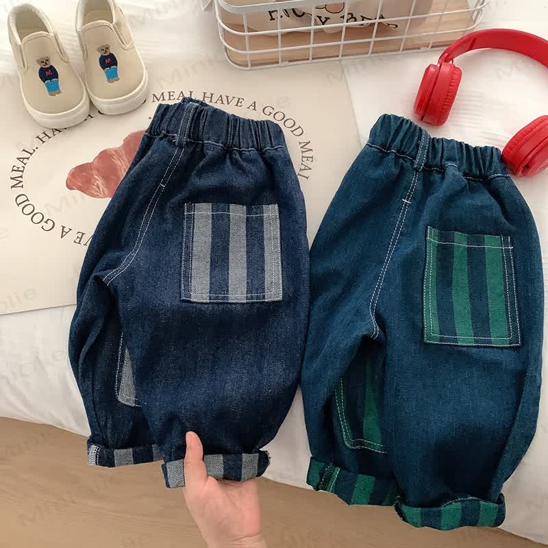 Toddler Boy Patch Striped Casual Denim Pants