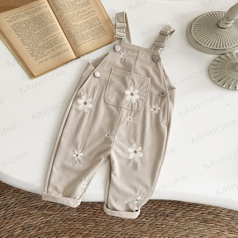 Baby Girl Cord Knitted Embroidered Flower Overalls