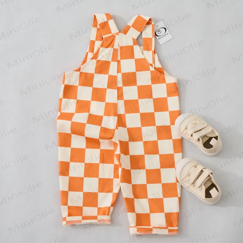 Baby Toddler Orange Checkerboard White Overalls
