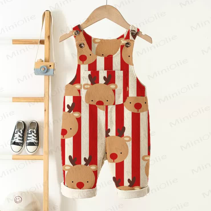 Baby Toddler Christmas Elk Red Vertical Striped Corduroy Overalls